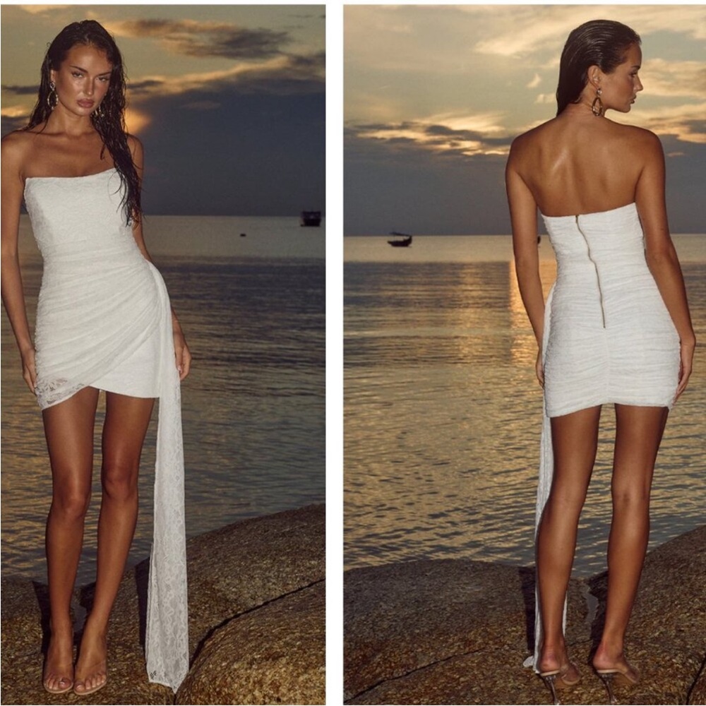 Strapless White Lace Mini Dress with Drape